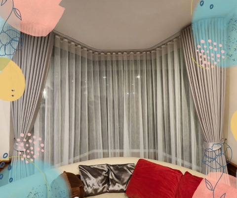 ติดตั้งผ้าม่านลอนเทปสองชั้น สีเทามุกอ่อน